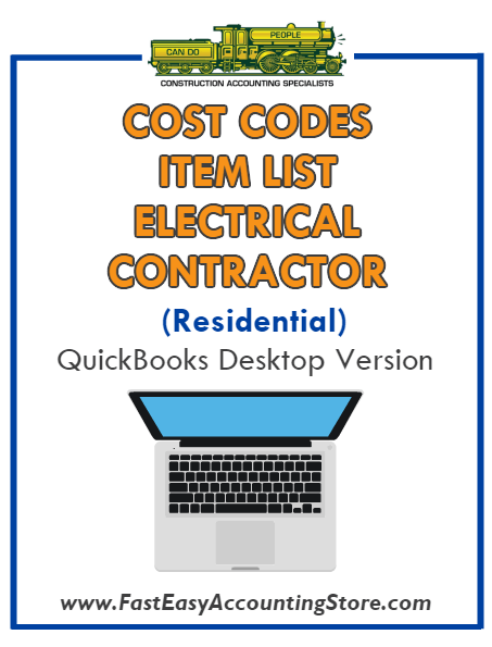 Electrical Contractor Residential QuickBooks Cost Codes Item List Desktop Version Bundle - Fast Easy Accounting Store