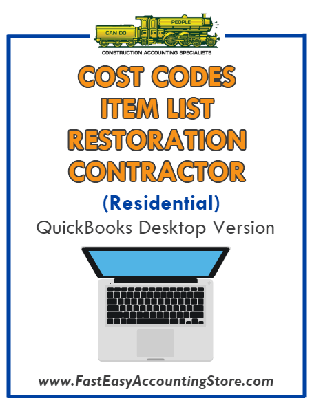 Restoration Contractor Residential QuickBooks Cost Codes Item List Desktop Version Bundle - Fast Easy Accounting Store